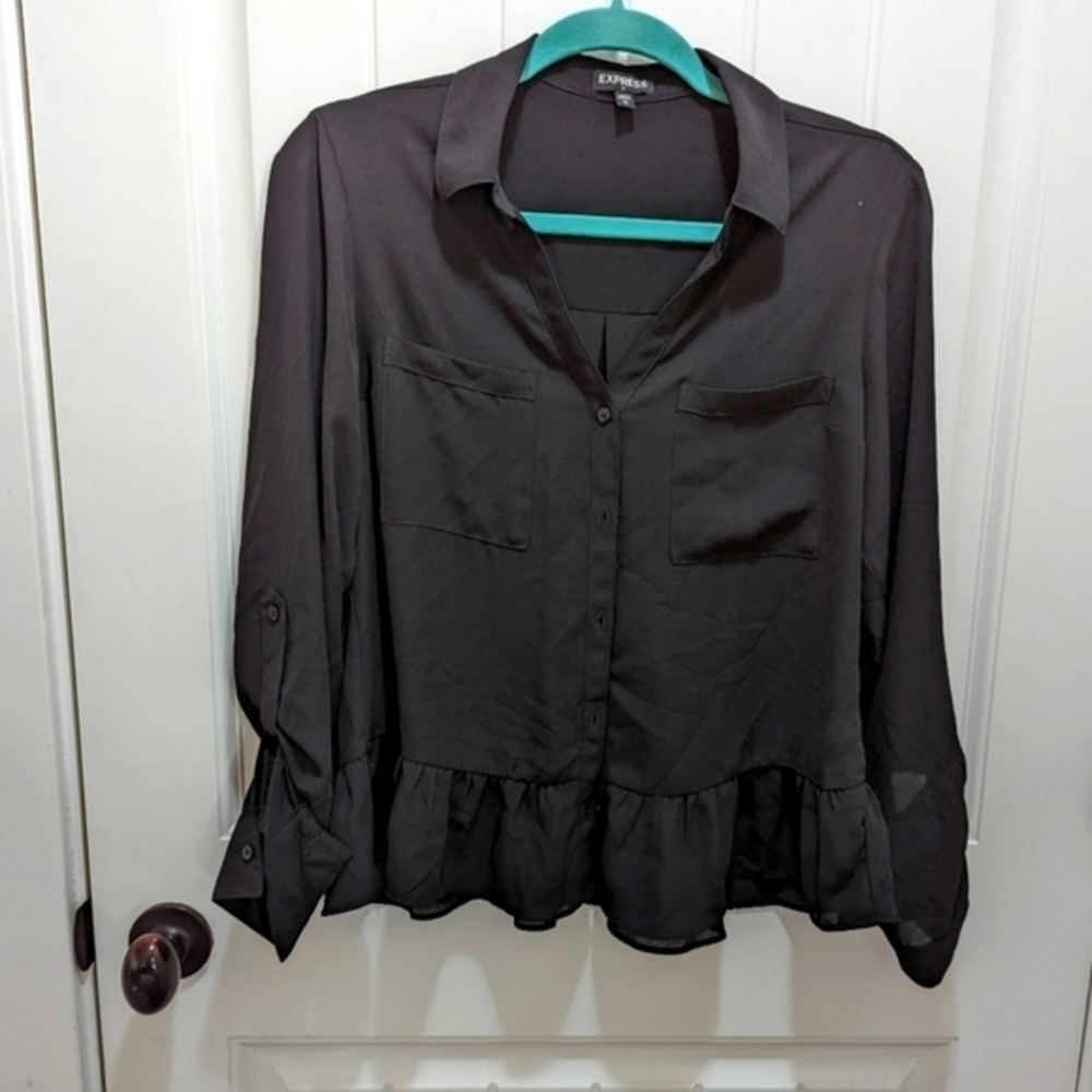 Express Sheer Black Collared Button Front Blouse - image 2